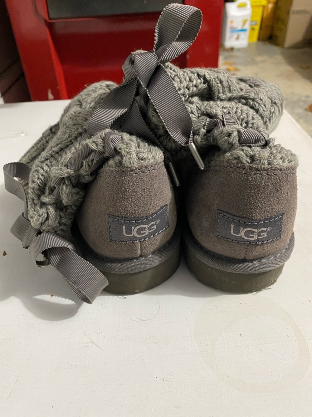 UGG Gray Knit Bow Back Suede Booties with Ribbon Ties